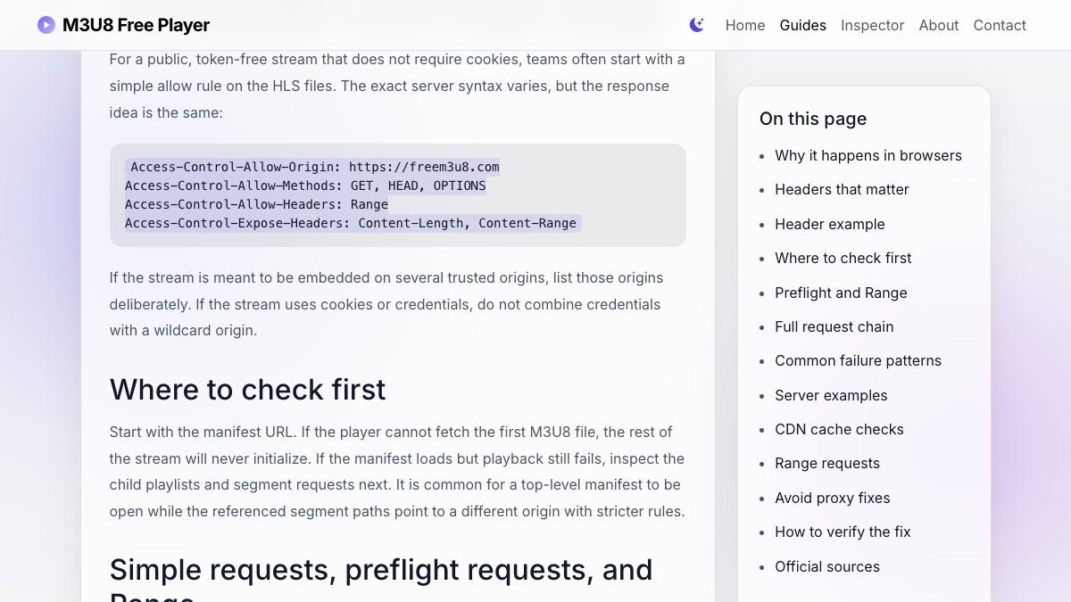 CORS response header example and HLS request checks for browser playback