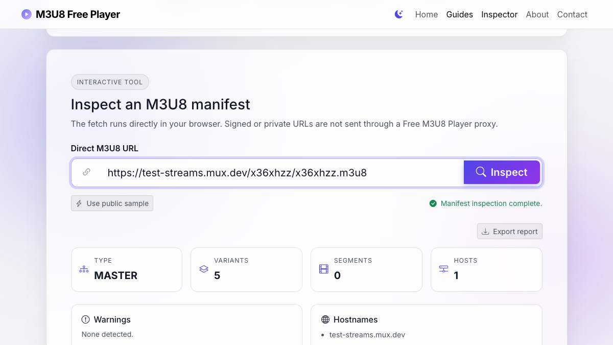 M3U8 manifest inspector showing playlist metrics and variant details for a public HLS sample