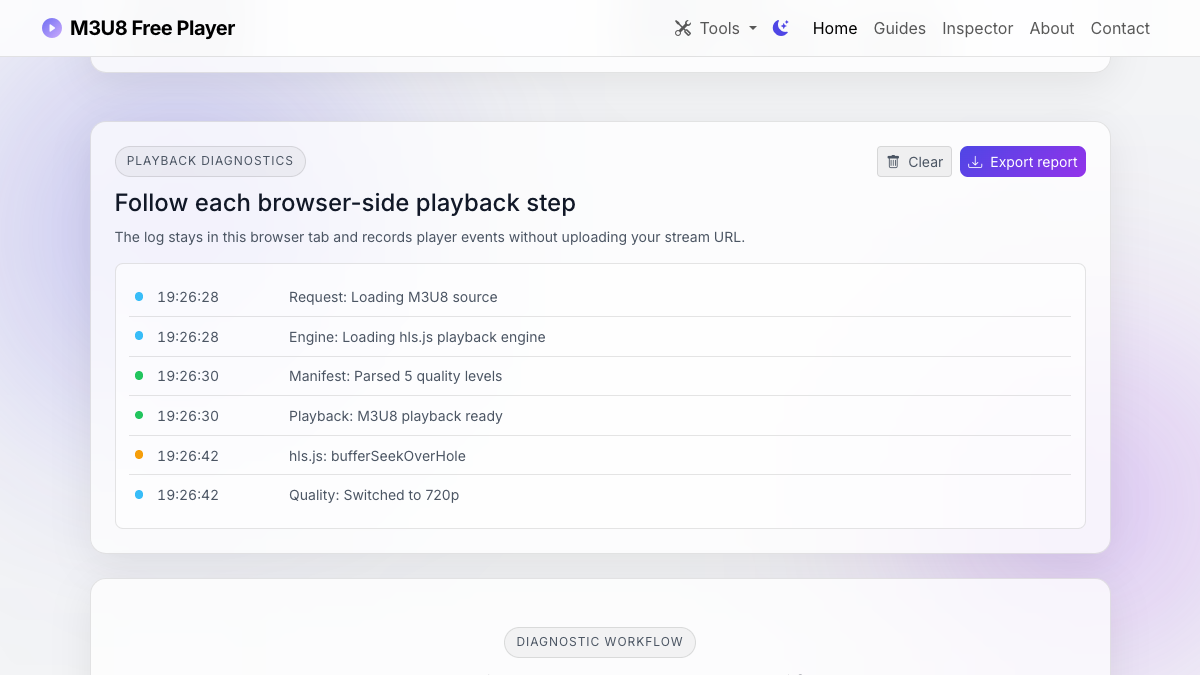 Playback diagnostic log showing HLS engine, manifest, quality, and playback events